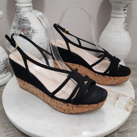 Prada‎ Black Suede Slingback Strappy Cork Wedge Sandal 39 / US 9 - Picture 1 of 13